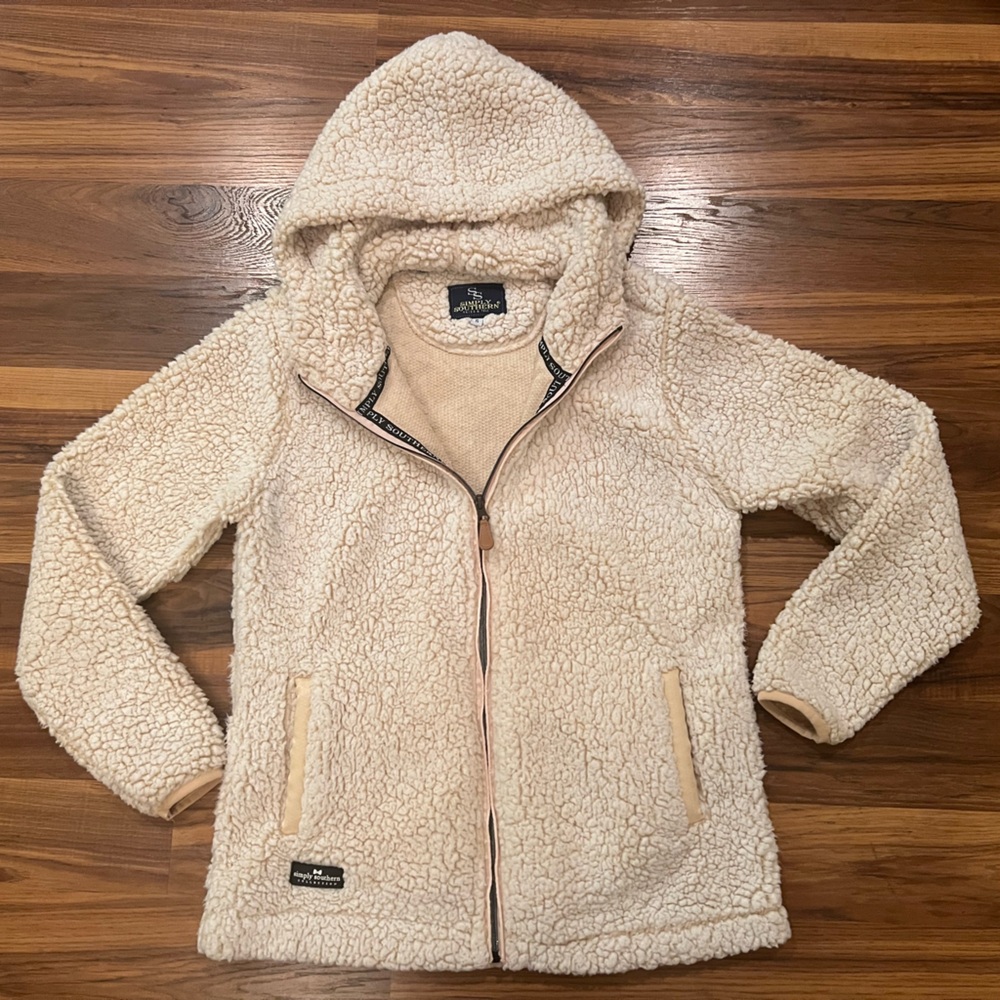 Simply Southern Womens Full Zip Hooded Sherpa  (Small, Cream)